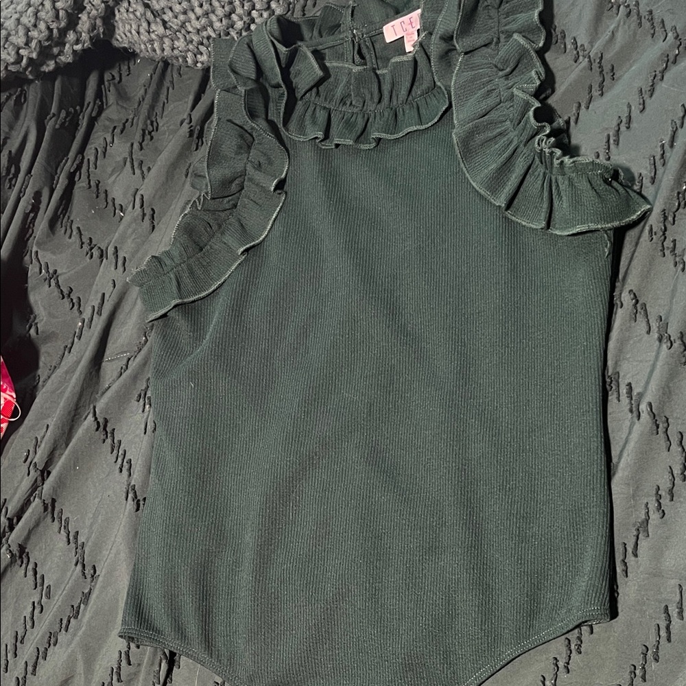 TCEC Ruffled Sleeveless Bodysuit Forest Green Top - Green